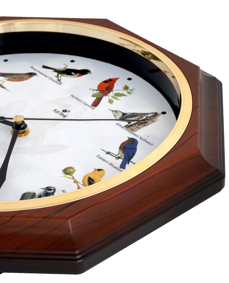 JUSTIME Unique 12 Northern Cardinal Bird's Song Schoolhouse Pendulum Wall Clock Chimes Every Hour Melody Sweep Silent Movement (TCBD-PP-RB-DW Wood Grain) - Image 2